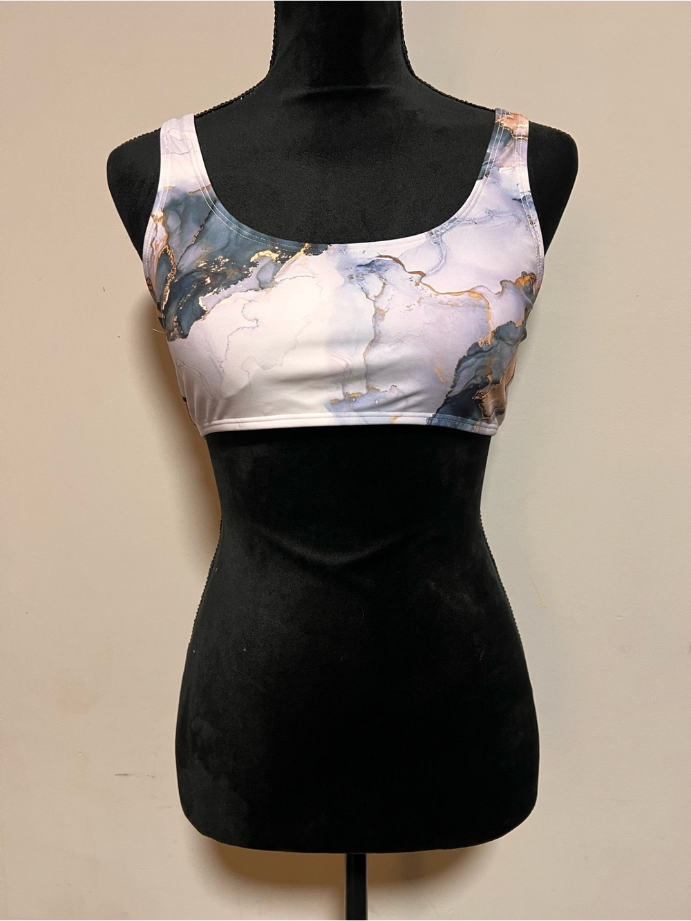Shein Women’s Size Medium Marble Print Swimsuit Top White Gray Gold